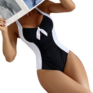 Traje de Baño de Una Pieza para Mujer, Color Negro y Blanco, Corte Ajustado, Sin Mangas, con Detalle de Lazo, Color Sólido, Poliéster, Tallas SMLXLXXL - Product Image 5