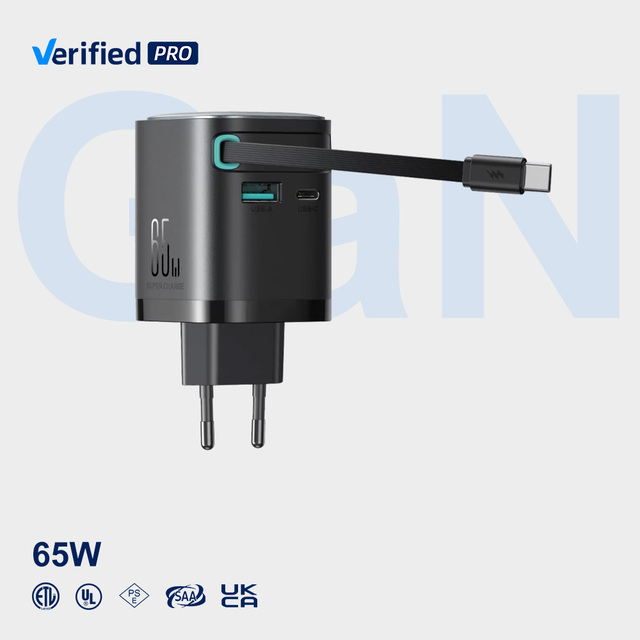 TKT 65W Fast Charging 3-Port USB Type C Travel Home Charger Retractable Cable OTP Protection Compatible for iPhone 17 Air PD 3.0