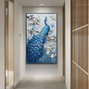 Pintura de pavo real de porcelana de cristal para decoración de hotel, pintura de cristal para pared, arte moderno para porche