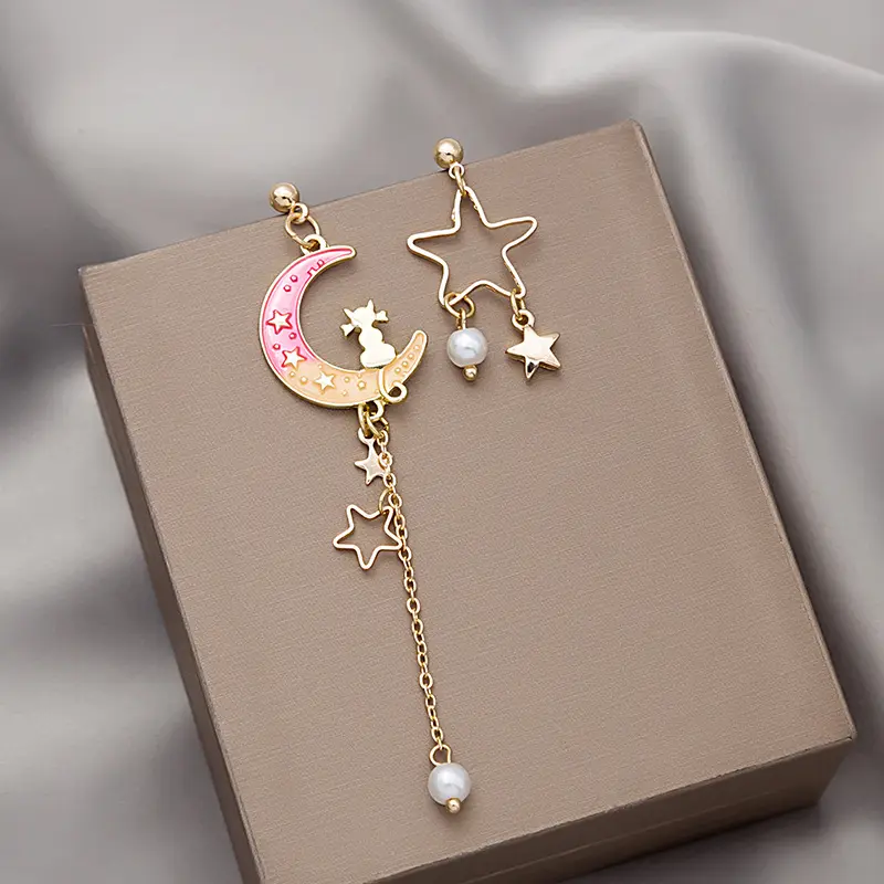 Korean Exquisite Stars Moon Dangle Earrings For Women Cute Cat Rabbit Flowers Asymmetric Tassel Earring Girls Jewelry