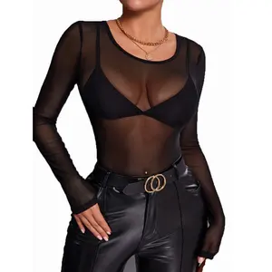 Sexy Women T Shirt See Through Transparent Mesh Tops Long Sleeve