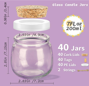 Petits pots en verre avec couvercles en liège, pots Mason vides de 7 oz pour la fabrication de bougies, contenants à yaourt avec couvercles en PE pour les cadeaux de mariage, les bonbons - Product Image 1