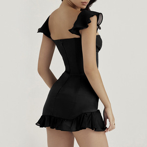 Robe courte à volants, épaules dénudées, dos nu, taille naturelle, couleur unie, pour soirée ou danse - Product Image 3