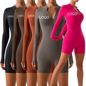 Logo kustom celana pendek Yoga Jumpsuit setengah ritsleting lengan panjang pakaian Fitness olahraga seksi ketat pakaian Yoga Jumper untuk wanita