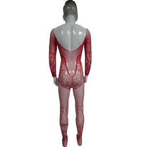 Men's Red <b>Fishnet</b> Bodysuit Long Sleeve See Through Stage Dance Wear Spandex Polyester Full <b>Body</b> Stockings - Product Image 3
