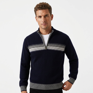 Pull en laine mérinos de haute qualité à col zippé 1/4, tricoté sur mesure, motif rayé, manches longues, pour homme, hiver - Product Image 1