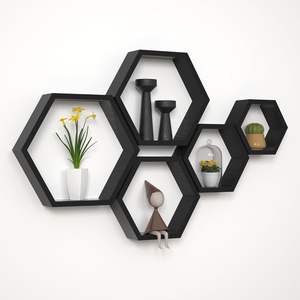 Étagères flottantes hexagonales en <span class=keywords><strong>bois</strong></span> <span class=keywords><strong>flotté</strong></span> rustique noir-Rangement <span class=keywords><strong>mural</strong></span> en nid d'abeille pour salle de bain, cuisine et espaces de vie - Product Image 5