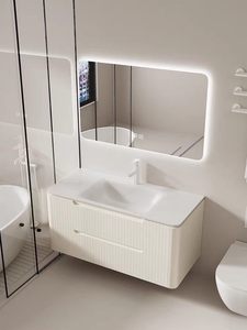 Meuble de salle de bain personnalisé en pierre de Keramin importée, style crème, avec vasque intégrée thermoformée, fixation murale, miroir inclus, écologique - Product Image 3