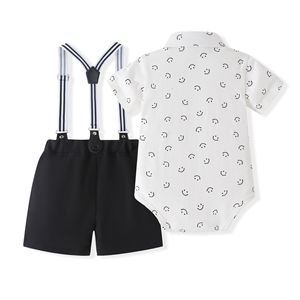 Ensemble de vêtements respirants pour bébé garçon, imprimé Smiley, body à manches courtes avec short à bretelles pour les activités quotidiennes d'été des tout-petits - Product Image 2