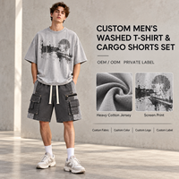 Ensemble 2 pièces personnalisé pour homme : T-shirt délavé et short cargo en jersey de coton épais avec impression sérigraphiée pour usage quotidien