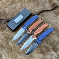 Couteau pliant D2 avec manche en G10 bleu orange rayé, pivot à roulement à billes, couteau de poche EDC, pointe Tanto, couteau de survie Bushcraft