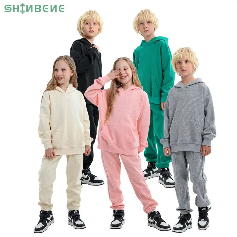 SHINBENE Kids 2Piece Tracksuit 와플 코튼 까마귀 스웨트 수트 유니섹스 조깅 바지 운동복 세트