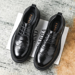 Men's Genuine Leather <b>Brogue</b> Shoes <b>Black</b> Lace-Up Business Casual Office Wear Four Seasons Style Top Grain Sheepskin - Product Image 2