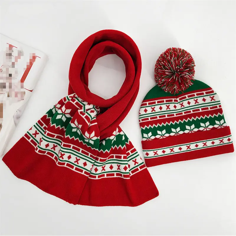 A buon mercato natale Jacquard vestito cappello sciarpa lavorata a maglia Set berretti pompon per le donne