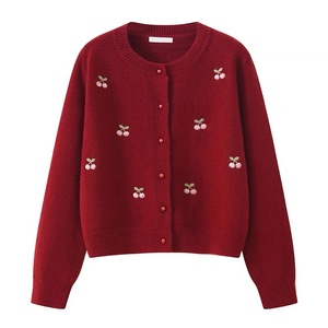 Women's Round Neck Knitted <b>Cardigan</b> Long Sleeve Sweet Cherry Embroidery Casual Loose Fit Autumn Winter Sweater Coat - Product Image 1