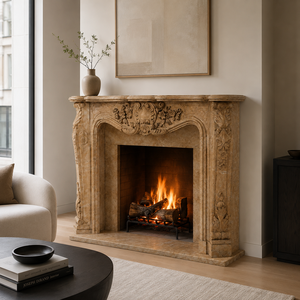 Traditional Marble <b>Fireplace</b> Mantel With Ornate Carving Classic Cream Beige Marble Stone Indoor Wood Burning Hearth For Dining R - Product Image 6