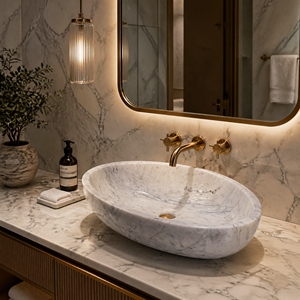อ่างล้างมือแบบติดผนังหินธรรมชาติหรูหราจาก Poulars Wholesale พร้อมฐานหินอ่อน Bianco Carrara - Product Image 1