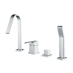 Robinet <span class=keywords><strong>de</strong></span> baignoire <span class=keywords><strong>de</strong></span> luxe 4 trous en laiton avec douchette, finition noir mat, monocommande, montage sur pont, eau chaude et froide thermostatique - Product Image 1