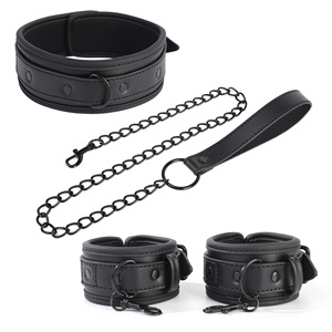 Black Leather <b>Bondage</b> Set With Chain And Wrist Cuffs For Couples BDSM Play - Product Image 3