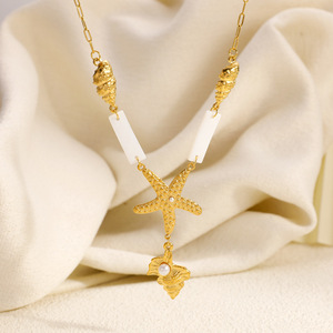 Stainless Steel Necklace Ocean Theme Seashell Starfish <b>Design</b> Pearl Inlay 18k Gold Plated For Vacation - Product Image 1