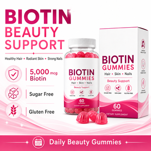 Complément alimentaire végétalien en gommes à la <span class=keywords><strong>biotine</strong></span> 5000 mcg avec collagène, zinc, vitamines C et E pour la santé des cheveux, de la peau et des ongles chez l'adulte, ODM - Product Image 2
