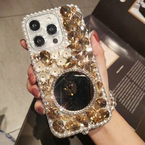 Étui de téléphone de luxe en perles et strass pour <span class=keywords><strong>Samsung</strong></span> S25 S24 S23 S22 Ultra avec miroir intégré et chaîne en cristal détachable - Product Image 4