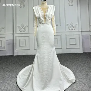 Gaun pernikahan putih putri duyung wanita baru gaun malam Satin Prancis lengan panjang perspektif V dalam 6720