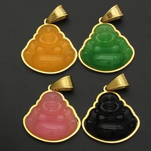 Emerald Stainless Steel Gold Jade Buddha Pendant Necklace Jewelry