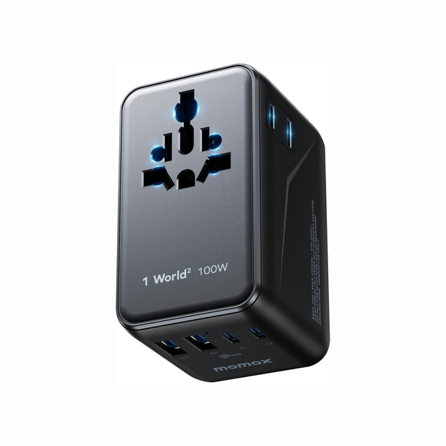 MOMAX Universal Travel Adapter, GaN 100W International Power Adapter, 2 AC, 2 USB-C PD Fast Charging & 2 USB-A QC