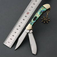 Couteau de poche pliant 2-en-1 à double lame en acier 3Cr13 avec manche incrusté de nacre pour camping en extérieur, cadeau, outil de vente en gros