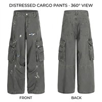 Pantalon cargo évasé vintage effet vieilli, coupe ample à jambe empilée, couture incurvée, style streetwear, taille mi-haute, personnalisable OEM, faible MOQ