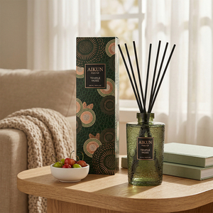 Aikun Custom Logo Box Deep Green Embossed Glass Cylindrical 500ml IP16 Bpa Free Reed <b>Diffuser</b> Sets For Sofa Side Hotel Suppliers - Product Image 1