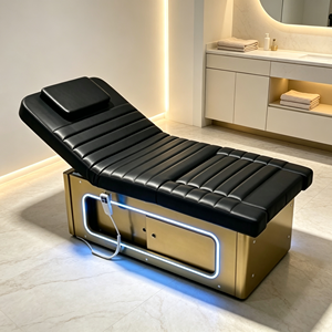 Lit de massage électrique pour esthétique, base dorée avec lumière LED, en cuir PU noir, lit de spa facial réglable - Product Image 4