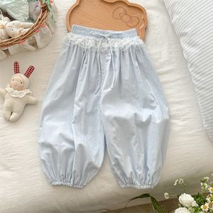 Tongxingyuan Girls' Cotton Lace Trim Jogger Pants Solid Color Summer Casual Pants For Kids - Product Image 2
