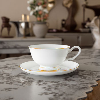 Custom Logo Bone China Cups and Tea Dishes,Minimalist Pure White Gold Rim Modern Tea Coffee Cup Saucers Set