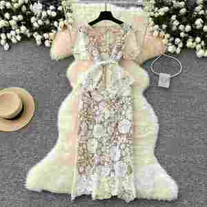 Vestido Maxi Casual Romántico de Verano para Mujer, Ecológico, Transpirable, de Manga Corta, Cintura Imperio, con Diamantes, Encaje Calado, Silueta en A - Product Image 4