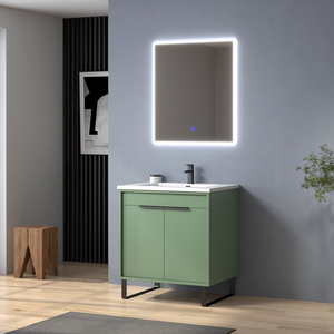 Mueble de Baño Moderno de Madera Sólida con Lavabo de Cerámica, Resistente a los Arañazos y al Agua, con Espejo LED Incluido, para Baños de Villas - Product Image 2