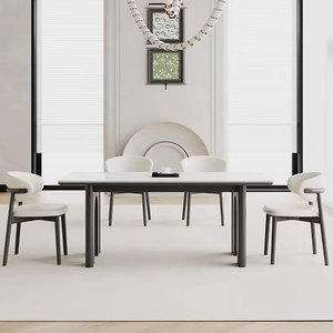 Bộ bàn ăn hình chữ nhật tối giản hiện đại, bề mặt như đá mịn, đế gỗ chắc chắn và chỗ ngồi bọc màu trắng - Product Image 4