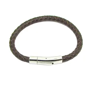 PP0522 Bán Buôn Thép Không Gỉ Clasp Nâu Bện Da Bracelet