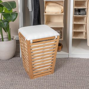 Wooden Laundry Basket With <b>Cushion</b> Rectangle Cotton Washable <b>Storage</b> Organizer For Home Bedroom Use - Product Image 2