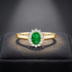 Women's Vintage Yellow Gold <b>Emerald</b> <b>Ring</b> with Claw Setting Diamond Flower Halo 10K 14K 18K Gold 925 935 <b>Silver</b> Wedding Gift - Product Image 1