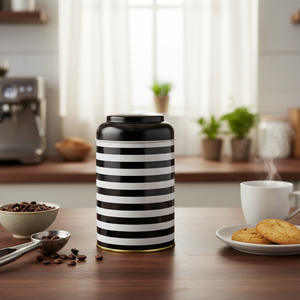 1.2L Metal Tin <b>Plate</b> Jar Ø105 x 150 mm Classic Luxurious Style Black White Line Pattern Dome Lid Offset Printing <b>Surface</b> - Product Image 3