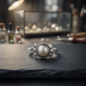 Bague en argent sterling S925 avec perle de culture d'eau de mer blanche ronde, sertie en clos, classique, pour femme - Product Image 1