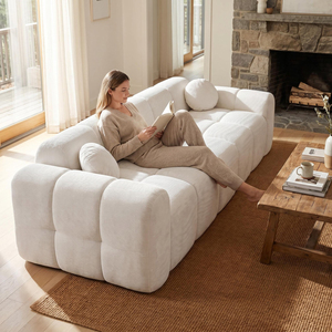 Vacuum <b>Bag</b> Wrapped Three Person Sectional Velvet Settee Cream Cozy Block Sofa Detachable Modular Space Saving Foam <b>Compressed</b> - Product Image 4