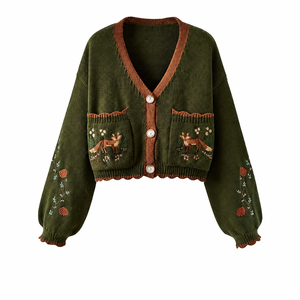 <span class=keywords><strong>Cardigan</strong></span> court personnalisé pour femme, broderie florale cerf, poche plaquée, bordure festonnée, boutonnage, manches longues, vente en gros OEM en vrac - Product Image 1