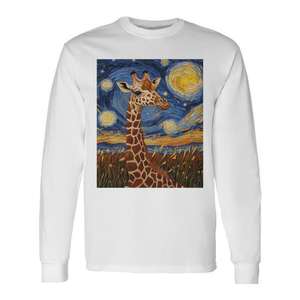 T-shirt à manches longues style Van Gogh avec girafe mignonne et nuit étoilée - Product Image 1