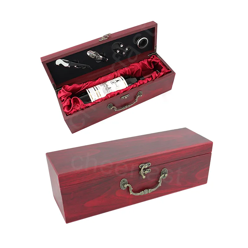 美しいアイテムシングル赤ワインボトルウッドワインギフトボックスと4個のツール木製ワインシングルボトルボックス紙包装