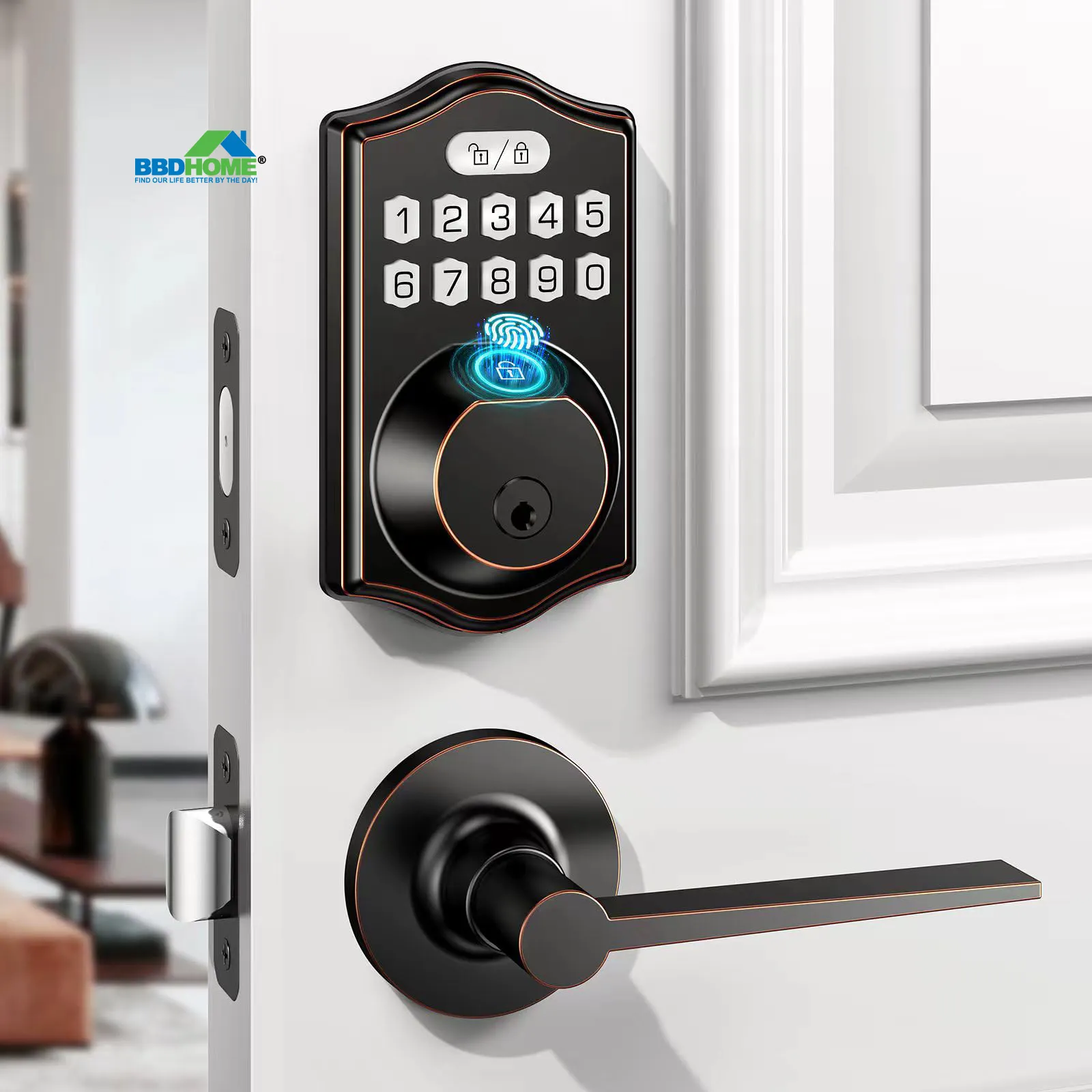 BBDHOME Smart Front Door Set-with 2 Lever Handles-Electronic Keypad Code Deadbolt Fingerprint Door Lock