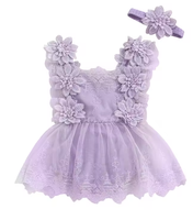 Combinaison pour bébé fille Nouveau-né Bébé Tout-petit Princesse Dentelle Fleur Broderie Combinaison Noeud Bandeau Tenues d'été