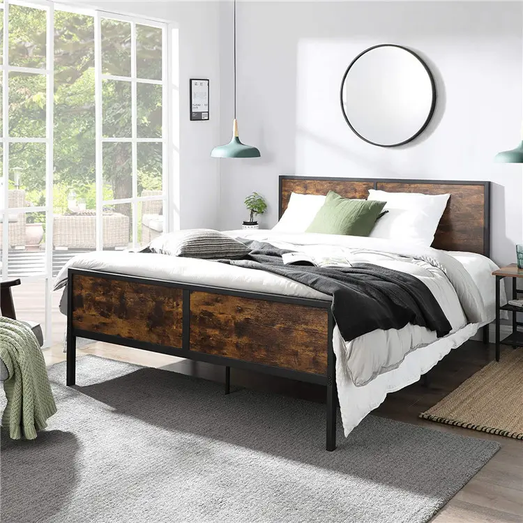 Kainice fábrica produzir o estilo antigo da cama trabalho manual de madeira placa de cabeça forjada ferro slats duplo tamanho cama de madeira